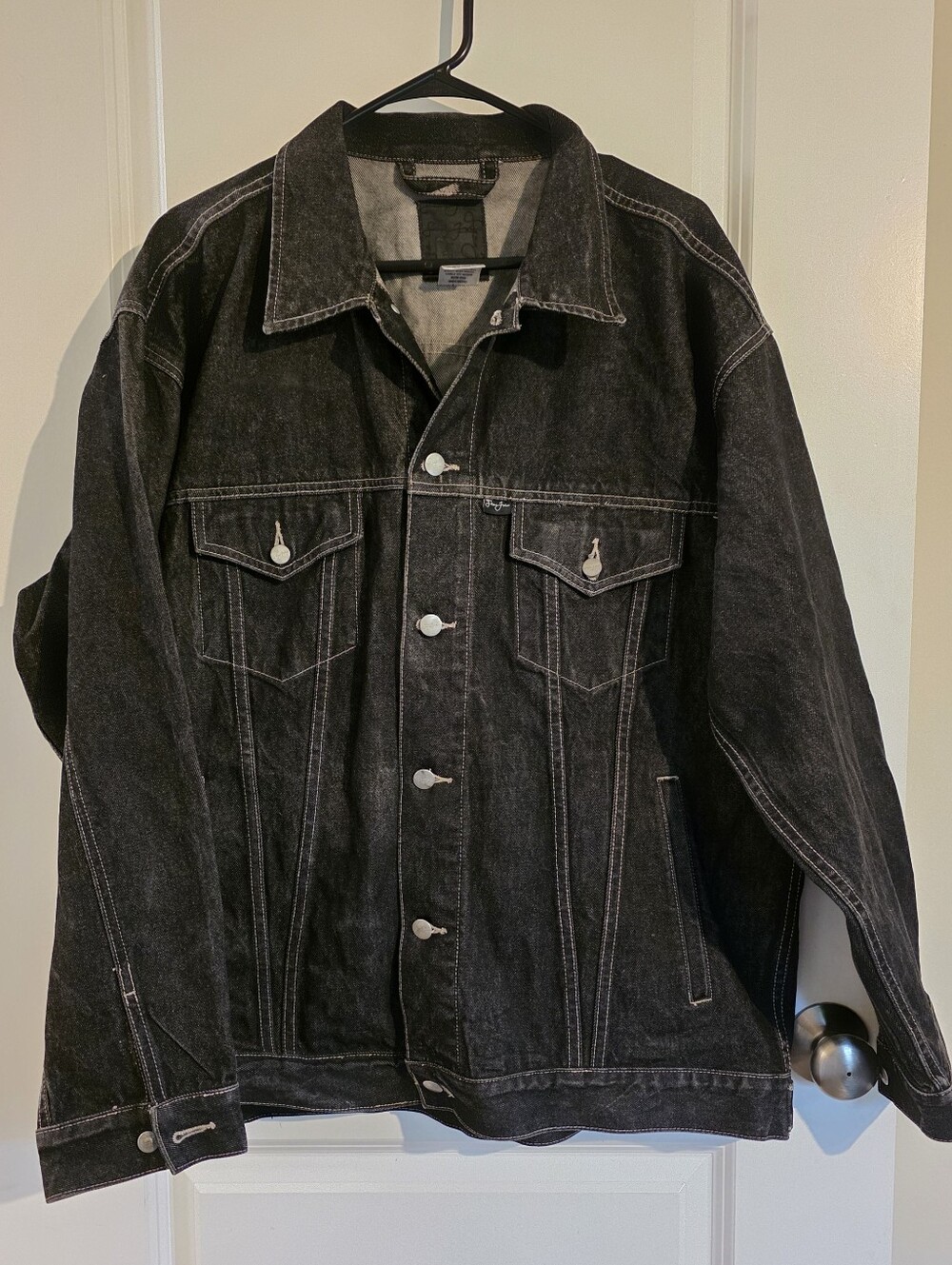 Vintage Sean John Faded Black Denim Trucker Jacket Script Logo Y2K Hip Hop Baggy